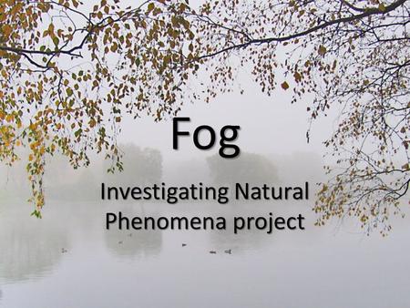 Fog Investigating Natural Phenomena project. Fog is a collection of liquid water droplets or ice crystals suspended in the air at or near the Earth's.