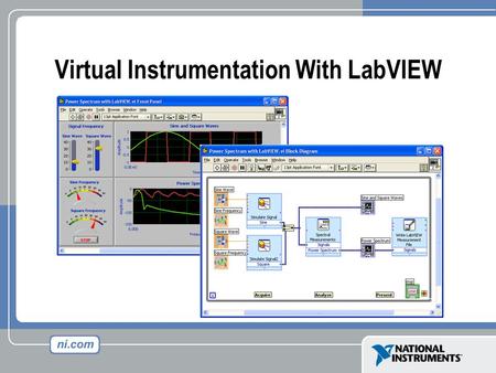 Virtual Instrumentation With LabVIEW. Front Panel Controls = Inputs Indicators = Outputs Block Diagram Accompanying “program” for front panel Components.