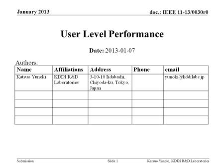 Submission doc.: IEEE 11-13/0030r0 January 2013 Katsuo Yunoki, KDDI R&D LaboratoriesSlide 1 User Level Performance Date: 2013-01-07 Authors: