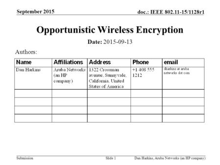 Submission doc.: IEEE 802.11-15/1128r1 September 2015 Dan Harkins, Aruba Networks (an HP company)Slide 1 Opportunistic Wireless Encryption Date: 2015-09-13.