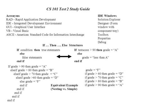 CS 101 Test 2 Study Guide Acronyms RAD - Rapid Application Development IDE - Integrated Development Environment GUI - Graphical User Interface VB - Visual.