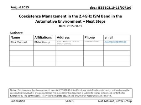 Submission doc.: IEEE 802.19-15/0071r0 August 2015 Alaa Mourad, BMW GroupSlide 1 Coexistence Management in the 2.4GHz ISM Band in the Automotive Environment.