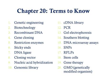 Chapter 20: Terms to Know Genetic engineering Biotechnology