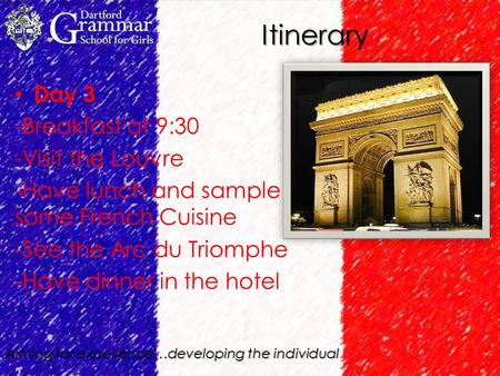 Aiming for excellence…developing the individual Itinerary Day 3 -Breakfast at 9:30 -Visit the Louvre -Have lunch and sample some French Cuisine -See the.