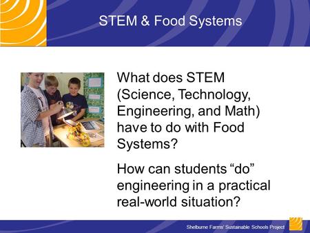Shelburne Farms’ Sustainable Schools Project STEM & Food Systems What does STEM (Science, Technology, Engineering, and Math) have to do with Food Systems?