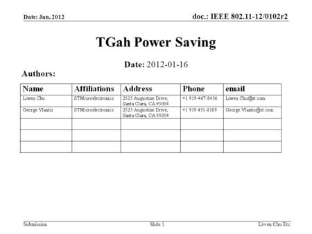 Doc.: IEEE 802.11-12/0102r2 SubmissionLiwen Chu Etc.Slide 1 TGah Power Saving Date: 2012-01-16 Authors: Date: Jan, 2012.