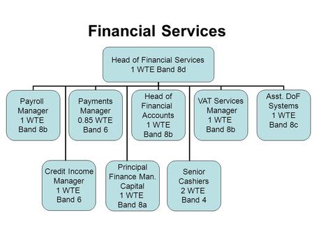 Financial Services Head of Financial Services 1 WTE Band 8d Payroll Manager 1 WTE Band 8b Payments Manager 0.85 WTE Band 6 Head of Financial Accounts 1.