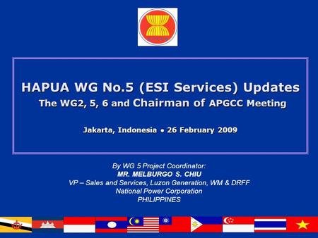HAPUA WG No.5 (ESI Services) Updates The WG2, 5, 6 and Chairman of APGCC Meeting Jakarta, Indonesia ● 26 February 2009 By WG 5 Project Coordinator: MR.