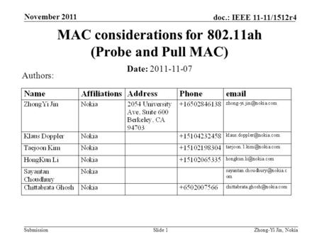 Submission doc.: IEEE 11-11/1512r4 November 2011 Slide 1 MAC considerations for 802.11ah (Probe and Pull MAC) Date: 2011-11-07 Authors: Zhong-Yi Jin, Nokia.
