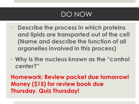 DO NOW Describe the process in which proteins and lipids are transported out of the cell (Name and describe the function of all organelles involved in.