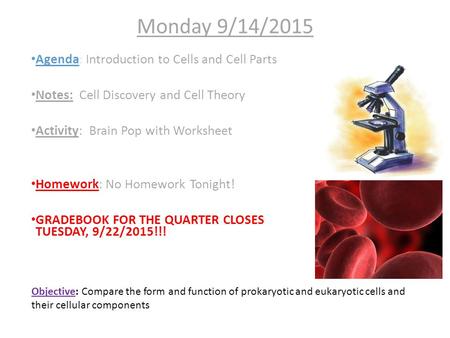 Monday 9/14/2015 Agenda: Introduction to Cells and Cell Parts Notes: Cell Discovery and Cell Theory Activity: Brain Pop with Worksheet Homework: No Homework.