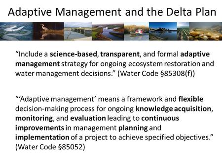 Adaptive Management and the Delta Plan “Include a science-based, transparent, and formal adaptive management strategy for ongoing ecosystem restoration.