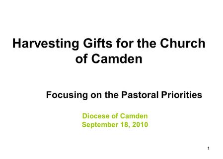 11 Harvesting Gifts for the Church of Camden Focusing on the Pastoral Priorities Diocese of Camden September 18, 2010.