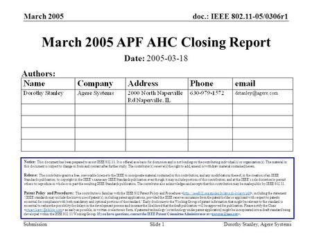 Doc.: IEEE 802.11-05/0306r1 Submission March 2005 Dorothy Stanley, Agere SystemsSlide 1 March 2005 APF AHC Closing Report Notice: This document has been.