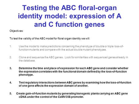 Testing the ABC floral-organ identity model: expression of A and C function genes Objectives: To test the validity of the ABC model for floral organ identity.