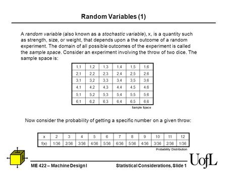 Random Variables (1) A random variable (also known as a stochastic variable), x, is a quantity such as strength, size, or weight, that depends upon a.