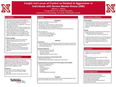 Insight and Locus of Control as Related to Aggression in Individuals with Severe Mental Illness (SMI) Bethany L. Ridling Faculty Mentor: Dr. William Spaulding.