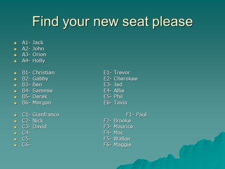 Find your new seat please  A1- Jack  A2- John  A3- Orion  A4- Holly  B1- ChristianE1- Trevor  B2- GabbyE2- Cherokee  B3- BenE3- Jed  B4- SammieE4-