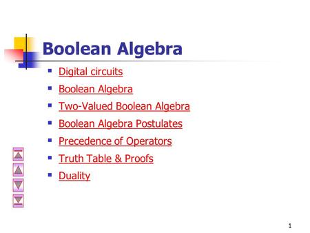 1 Boolean Algebra  Digital circuits Digital circuits  Boolean Algebra Boolean Algebra  Two-Valued Boolean Algebra Two-Valued Boolean Algebra  Boolean.