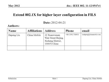Doc.: IEEE 802. 11-12/0547r1 Submission May 2012 Dapeng Liu, China MobileSlide 1 Extend 802.1X for higher layer configuration in FILS Date: 2012-04-21.