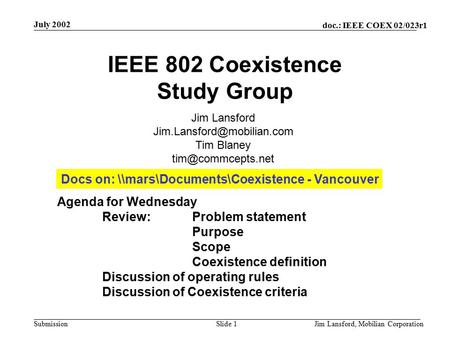 Doc.: IEEE COEX 02/023r1 Submission July 2002 Jim Lansford, Mobilian CorporationSlide 1 IEEE 802 Coexistence Study Group Agenda for Wednesday Review:Problem.