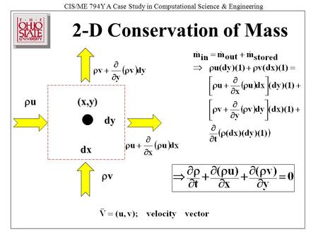 CIS/ME 794Y A Case Study in Computational Science & Engineering 2-D Conservation of Mass uu dx dy vv (x,y)