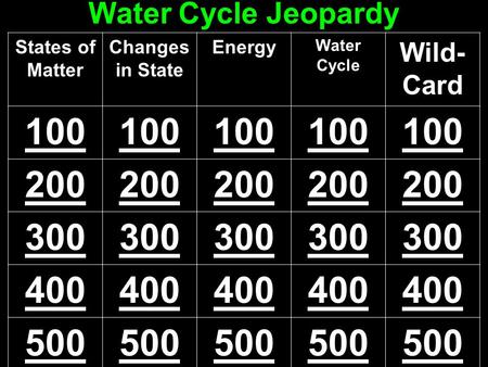 Water Cycle Jeopardy States of Matter Changes in State Energy Water Cycle Wild- Card 100 200 300 400 500.