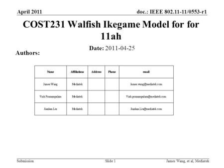 Doc.: IEEE 802.11-11/0553-r1 Submission April 2011 James Wang, et al, Mediatek COST231 Walfish Ikegame Model for for 11ah Date: 2011-04-25 Authors: Slide.
