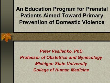An Education Program for Prenatal Patients Aimed Toward Primary Prevention of Domestic Violence Peter Vasilenko, PhD Professor of Obstetrics and Gynecology.