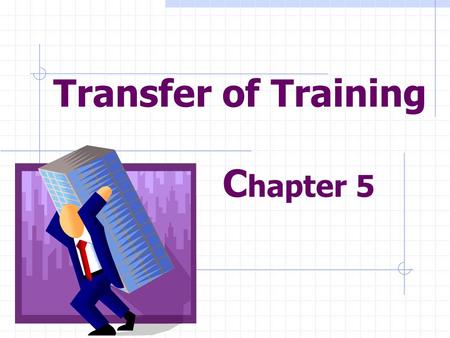 Transfer of Training C hapter 5. Review Analyzed the needs Designed/developed training Implemented the training Must be used on the job.