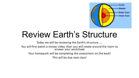 Review Earth’s Structure Today we will be reviewing the Earth’s structure…… You will first watch a review video, then you will rotate around the room to.