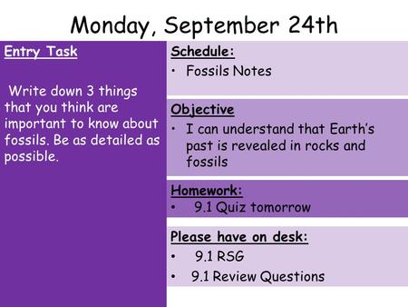Monday, September 24th Entry Task Write down 3 things that you think are important to know about fossils. Be as detailed as possible. Schedule: Fossils.