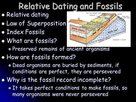 Relative Dating and Fossils Relative dating Relative dating Law of Superposition Law of Superposition Index Fossils Index Fossils What are fossils? What.