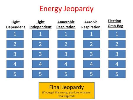 Energy Jeopardy 1 2 3 4 5 1 2 3 4 5 1 2 3 4 5 1 2 3 4 5 1 2 3 4 5 Light Dependent Light Independent Anaerobic Respiration Aerobic Respiration Election.