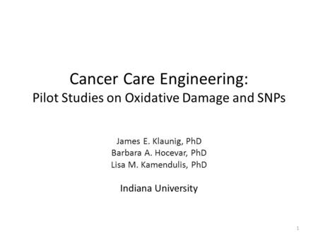 Cancer Care Engineering: Pilot Studies on Oxidative Damage and SNPs James E. Klaunig, PhD Barbara A. Hocevar, PhD Lisa M. Kamendulis, PhD Indiana University.