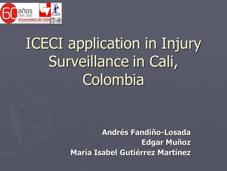 ICECI application in Injury Surveillance in Cali, Colombia Andrés Fandiño-Losada Edgar Muñoz María Isabel Gutiérrez Martínez.