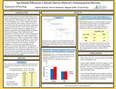Age-Related Differences in Episodic Memory Retrieval in Autobiographical Memories Heather Burkett, Simona Gizdarska, Meagan Griffin, & Lisa Emery Reprints.
