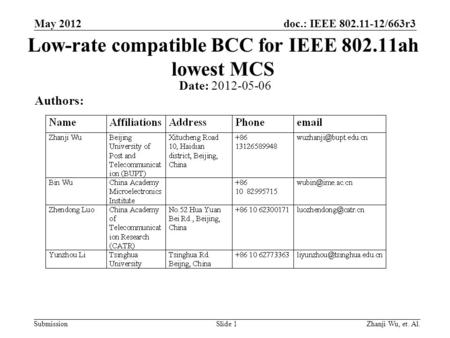 Doc.: IEEE 802.11-12/663r3 Submission May 2012 Zhanji Wu, et. Al.Slide 1 Low-rate compatible BCC for IEEE 802.11ah lowest MCS Date: 2012-05-06 Authors: