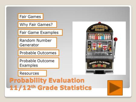 Probability Evaluation 11/12 th Grade Statistics Fair Games Random Number Generator Probable Outcomes Resources Why Fair Games? Probable Outcome Examples.