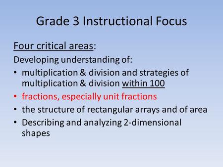 Grade 3 Instructional Focus Four critical areas: Developing understanding of: multiplication & division and strategies of multiplication & division within.