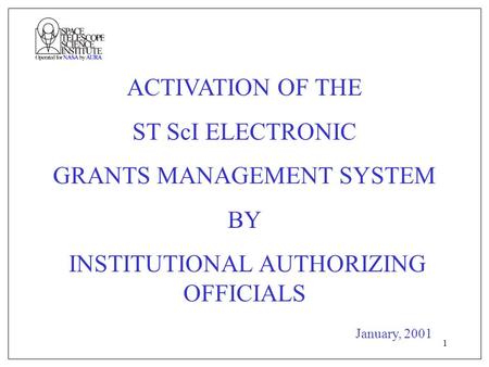 1 ACTIVATION OF THE ST ScI ELECTRONIC GRANTS MANAGEMENT SYSTEM BY INSTITUTIONAL AUTHORIZING OFFICIALS January, 2001.