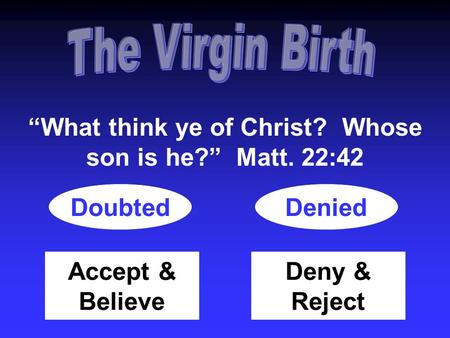 “What think ye of Christ? Whose son is he?” Matt. 22:42 DoubtedDenied Accept & Believe Deny & Reject.
