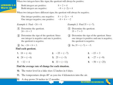 ALGEBRA READINESS LESSON 2-6 Warm Up Lesson 2-6 Warm Up.
