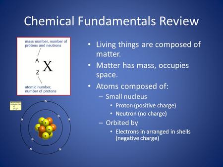 Chemical Fundamentals Review Living things are composed of matter. Matter has mass, occupies space. Atoms composed of: – Small nucleus Proton (positive.