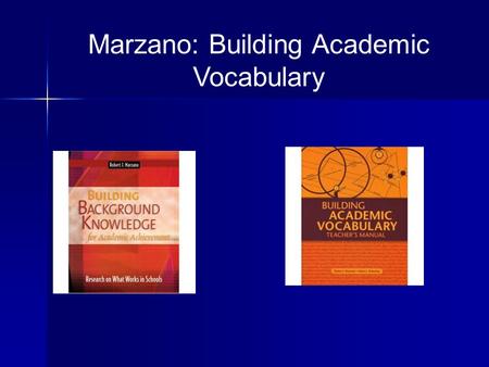 Marzano: Building Academic Vocabulary. Six Step Process 1.Provide a description, explanation or example 2.Students restate the description, explanation.