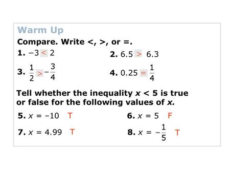 Warm Up Compare. Write, or =. 1. −3 2 3. 2. 6.5 6.3 < > > 4. 0.25= Tell whether the inequality x < 5 is true or false for the following values of x. 5.