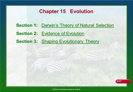 Click on a lesson name to select. Chapter 15 Evolution Section 1: Darwin’s Theory of Natural Selection Section 2: Evidence of Evolution Section 3: Shaping.