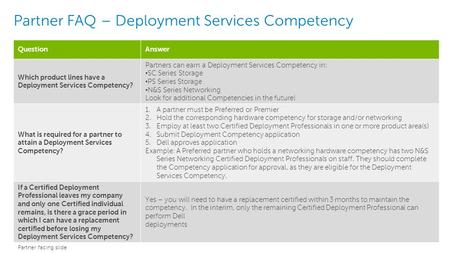 1 Dell - Internal Use - Confidential Partner FAQ – Deployment Services Competency QuestionAnswer Which product lines have a Deployment Services Competency?