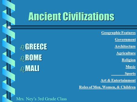 Ancient Civilizations b GREECE b ROME b MALI Geographic Features Government Architecture Agriculture Religion Music Sports Art & Entertainment Roles of.