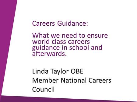 Careers Guidance: What we need to ensure world class careers guidance in school and afterwards. Linda Taylor OBE Member National Careers Council.